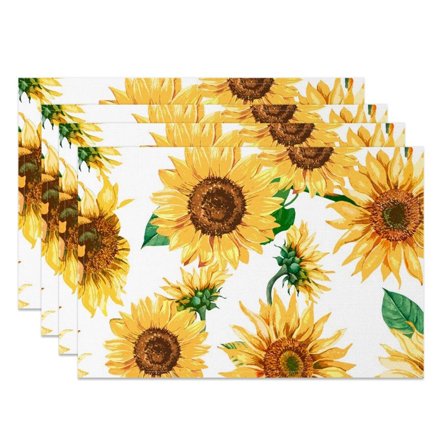 Aperturee Spring Yellow Sunflower White Set Of 4 Placemats, 14x12 Inch, 15.8 USD, NYWH00372-S, placemats