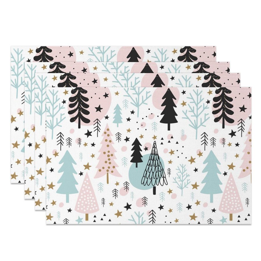 Aperturee Starry Pink Green Tree Christmas Set Of 4 Placemats, 14x12 Inch, 15.8 USD, NYWH00375-S, placemats