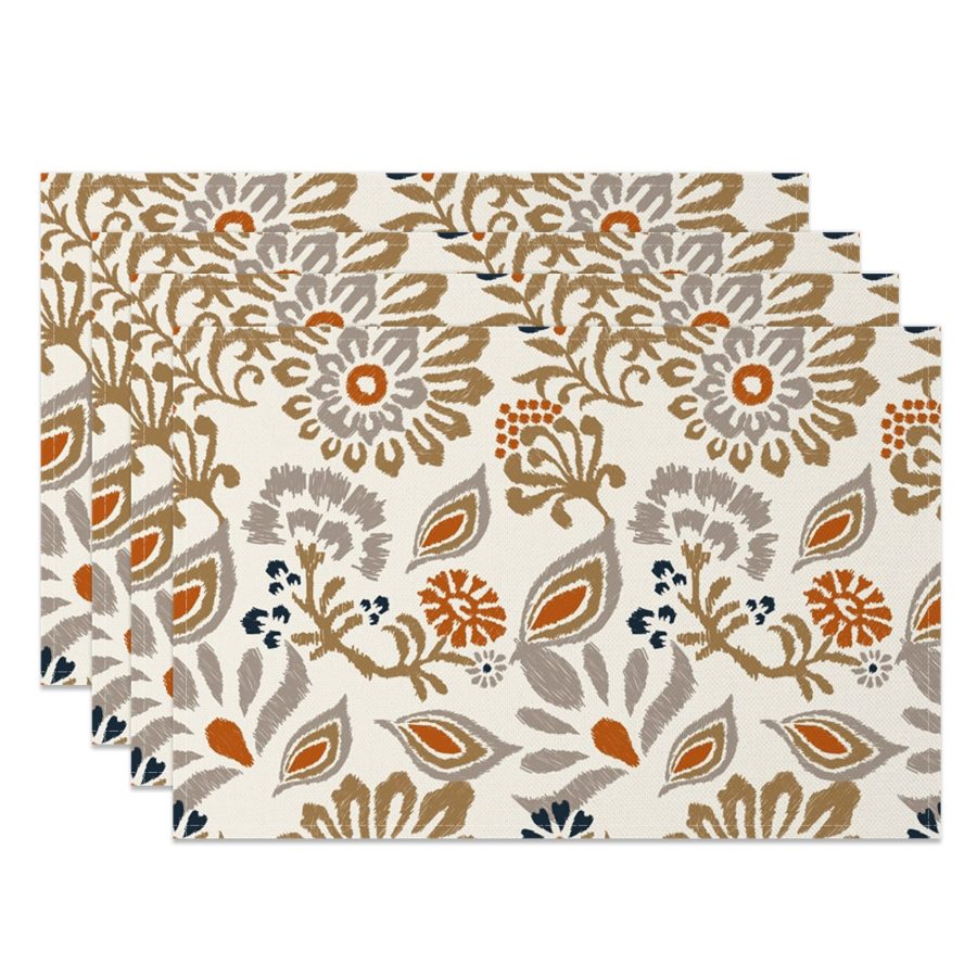 Aperturee Vintage Brown Floral Pattern Set Of 4 Placemats, 14x12 Inch, 15.8 USD, NYWH00367-S, placemats