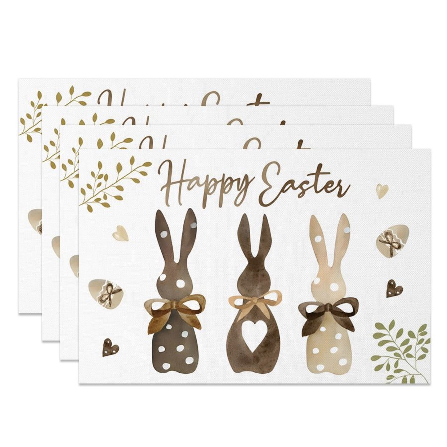 Aperturee White Brown Bunny Plant Easter Set Of 4 Placemats, 14x12 Inch, 15.8 USD, NYLX00530-S, placemats