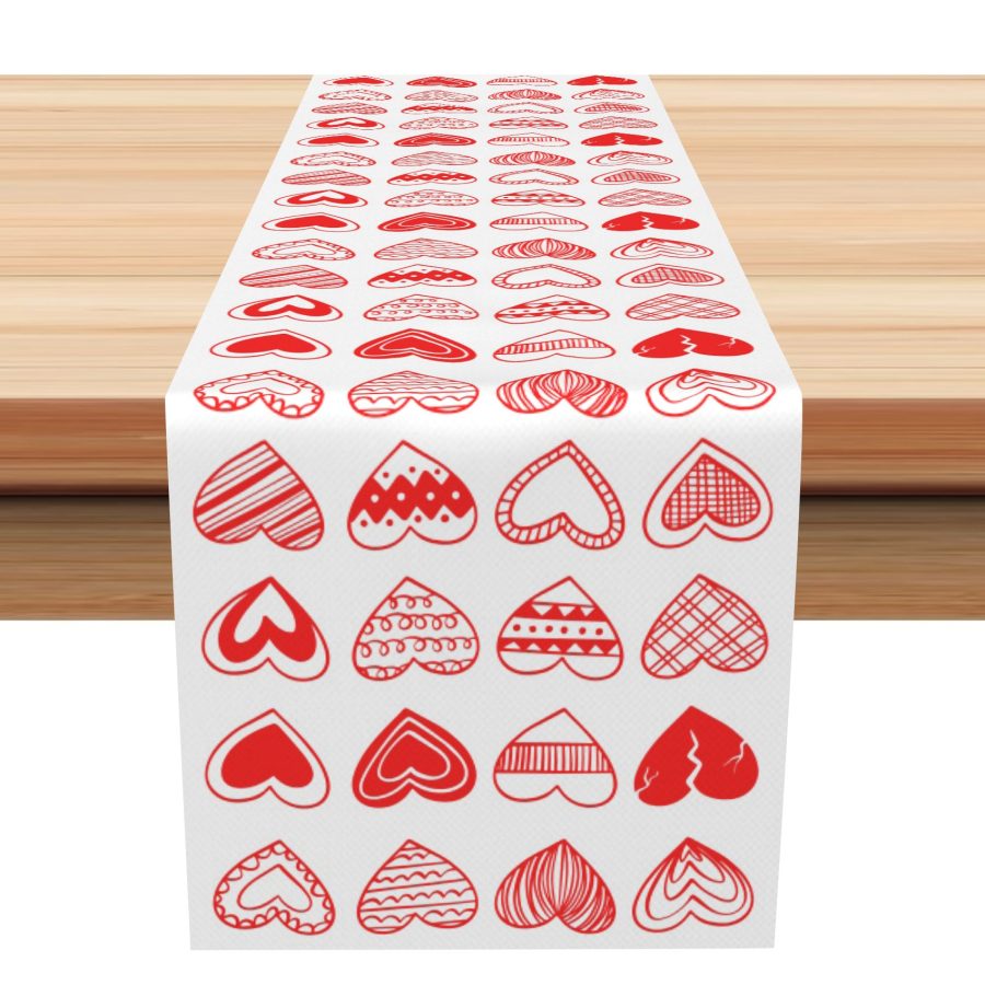 Aperturee White Dense Red Hearts Valentines Day Table Runner | Custom Table Runner | Custom Printed Table Runner | Table Runner For Dining Table