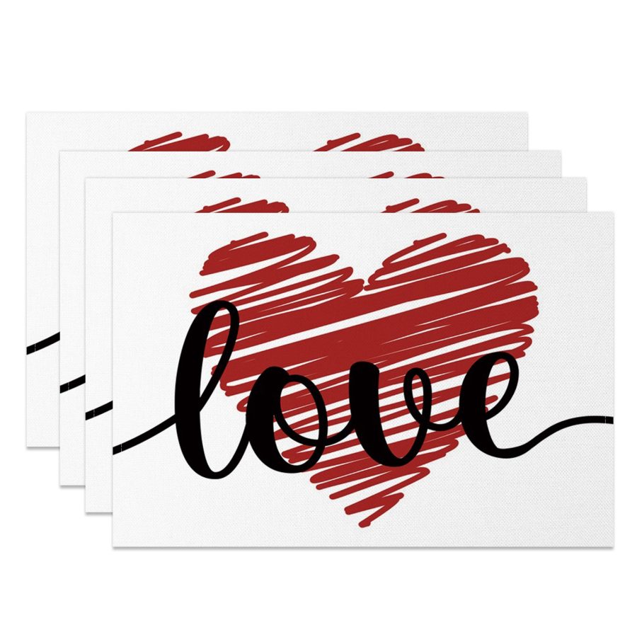 Aperturee White Red Love Valentines Day Set Of 4 Placemats, 14x12 Inch, 15.8 USD, NYLX00563-S, placemats