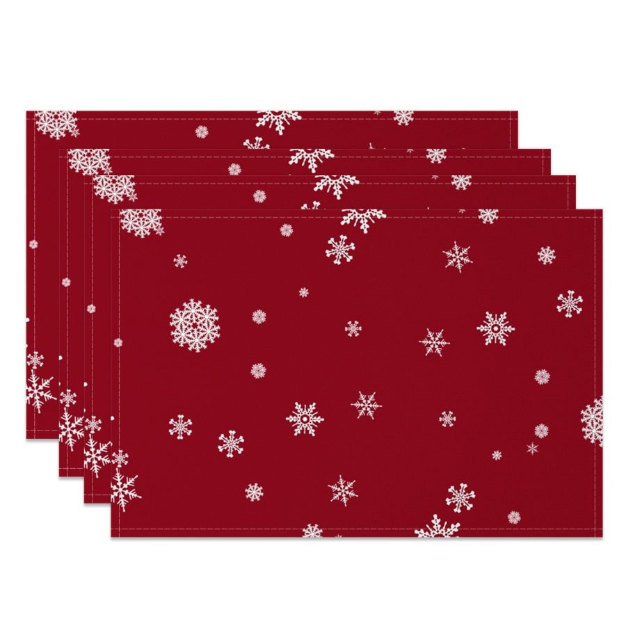 Aperturee White Snowflake Dark Red Christmas Set Of 4 Placemats, 14x12 Inch, 15.8 USD, NYWH00379-S, placemats