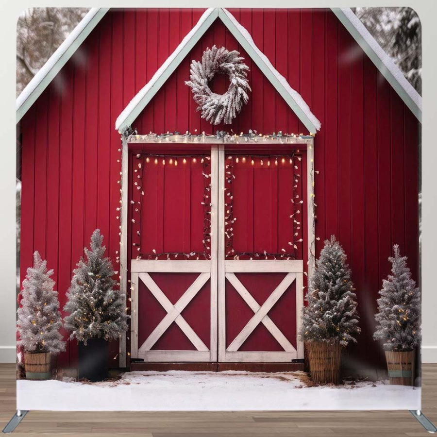 Aperturee Winter Red Barn Door Christmas Tension Fabric Backdrop | Christmas Scenic Backgrounds | Xmas Backdrop | Christmas Photoshoot Backgrounds