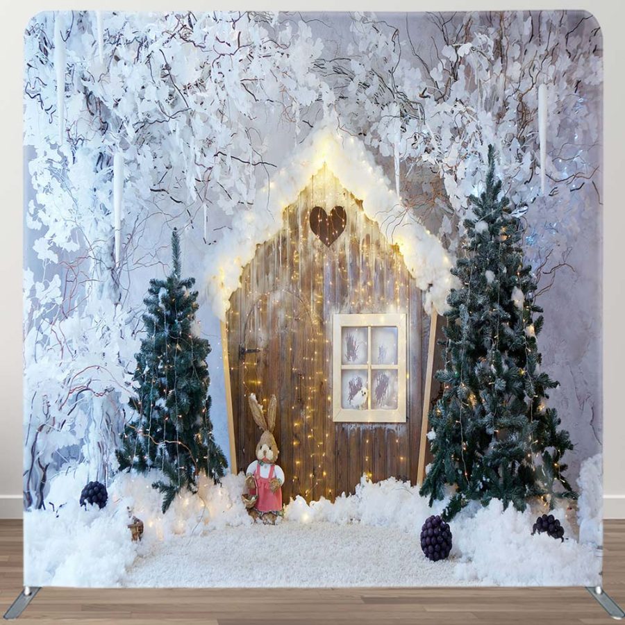 Aperturee Wood Cabin Snowy Tree Winter Tension Fabric Backdrop | 8X8 Tension Fabric Backdrop | Tension Fabric Banner | Fabric Pop Up Straight Display