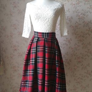 Autumn RED Plaid Skirt Outfit Women Plus Size Pleated Midi Skirt Outfit