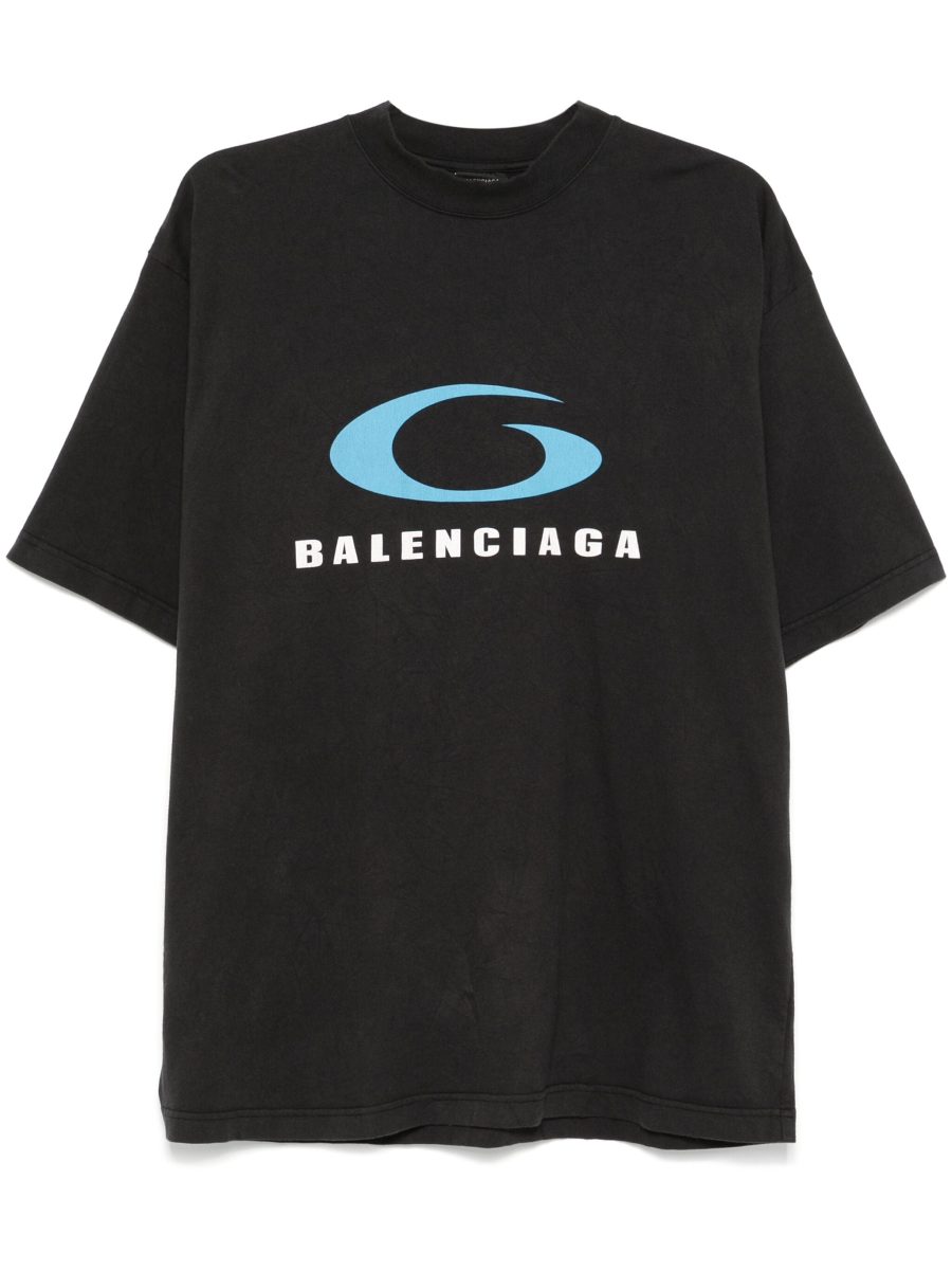 BALENCIAGA Logo Sports Print Cotton T-Shirt Washed Black/Blue