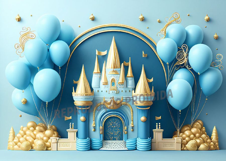 Balloon Blue Gold Castle Birthday Cake Smash Backdrop - Aperturee