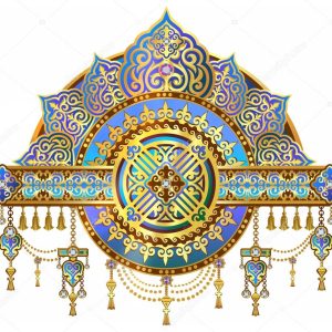 Beautiful background of cards and blank for sites, chic golden symbols of Kazakh art, art ornaments with jewels. Shanyrak - a symbol of the eastern people, a symbol of prosperity, a symbol of prosperity and household wealth. The luxury shanurak.