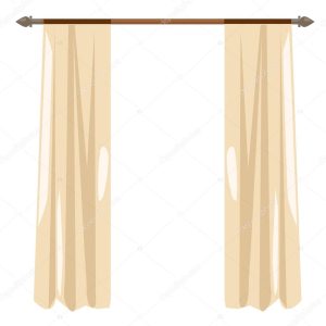 Beige kitchen curtains on ledge, vector decor