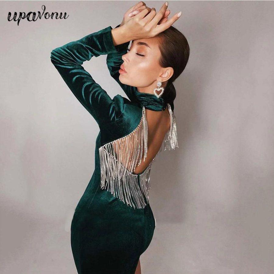 Black Green Sexy Fashion Backless Diamonds Tassel Rayon Velvet Dress