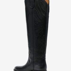 Black Knee High Boots Women's Embroiderd Falt Riding Boots