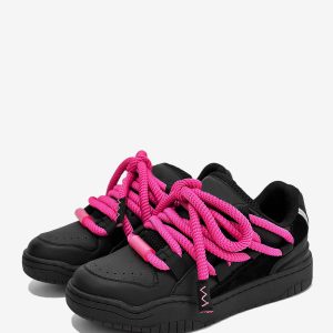 Black Women Skate Sneakers Round Toe Lace Up Casual Shoes