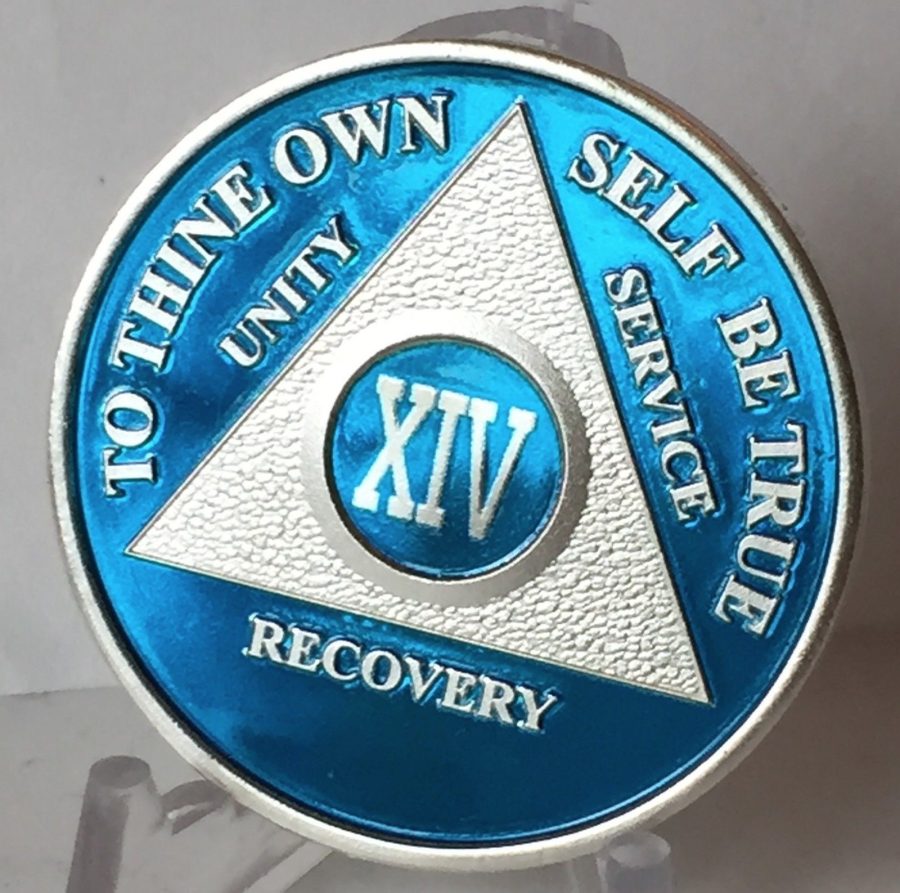 Blue Silver Plated 14 Year AA Chip Alcoholics Anonymous Medallion Coin