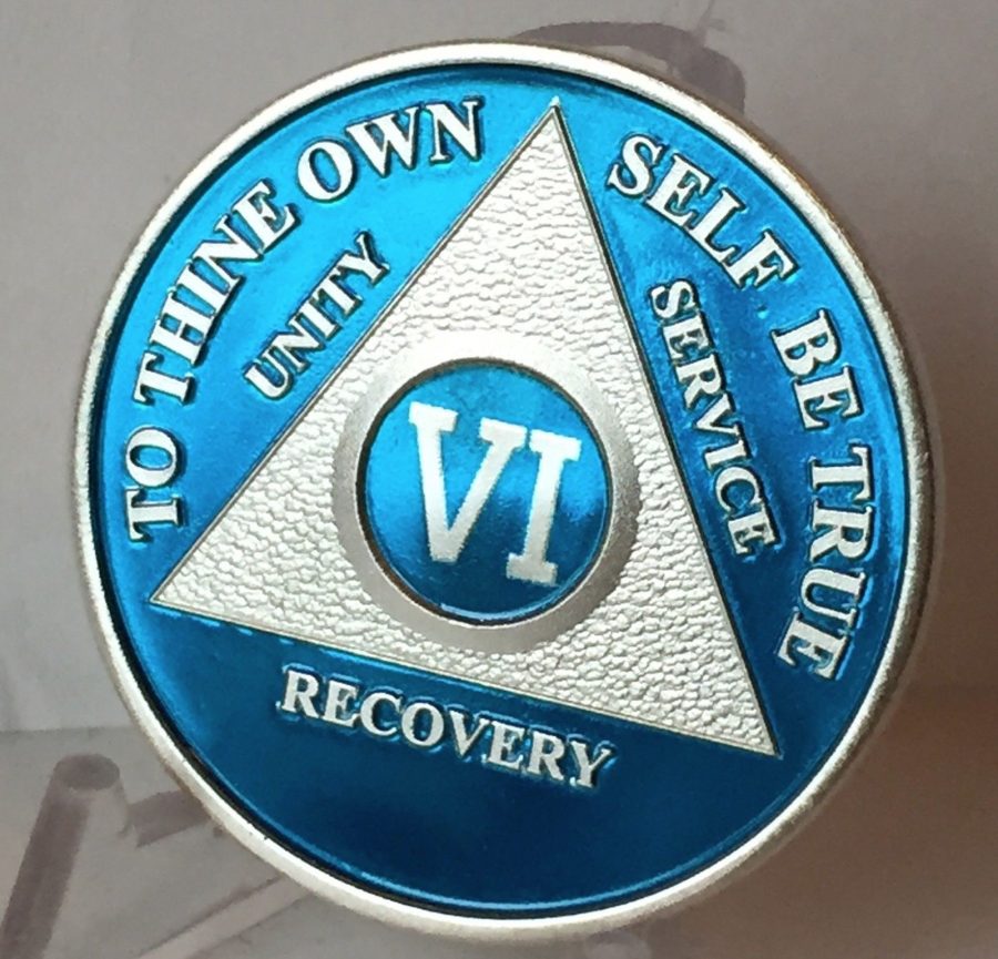 Blue Silver Plated 6 Year AA Chip Alcoholics Anonymous Medallion Coin