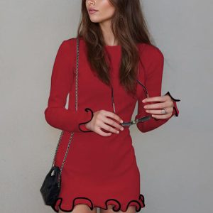 Bodycon Dresses Elegant Pleated Long Sleeves Mini Dress For Women