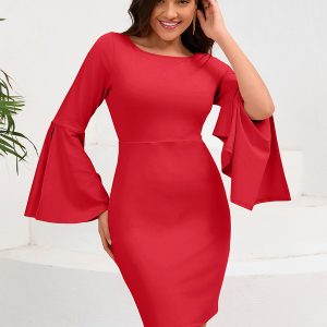 Bodycon Dresses Red Long Sleeves Pleated Sexy U-Neck Slim Fit Dress Sheath Dress