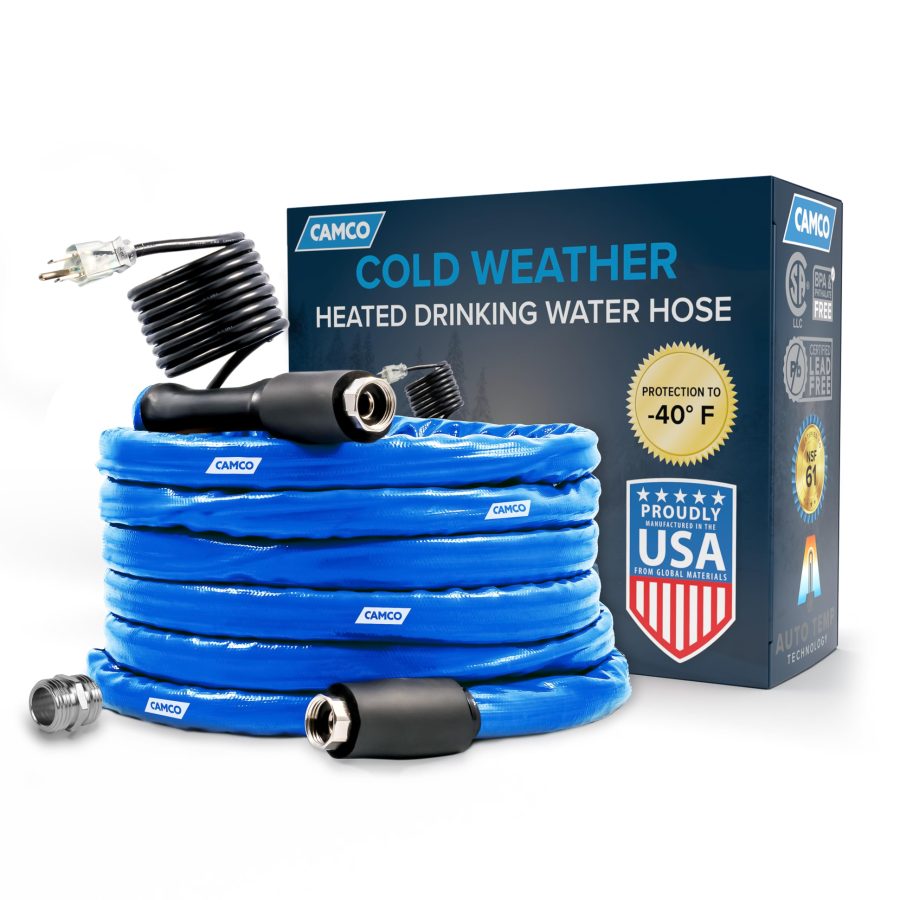 CAMCO 22922 25-Foot Heated Drinking Water Hose | Features Water Line Freeze Protection Down to -40 degree F/C & Energy-Saving Thermostat | Includes Adapter for Connection to Either End of Hose