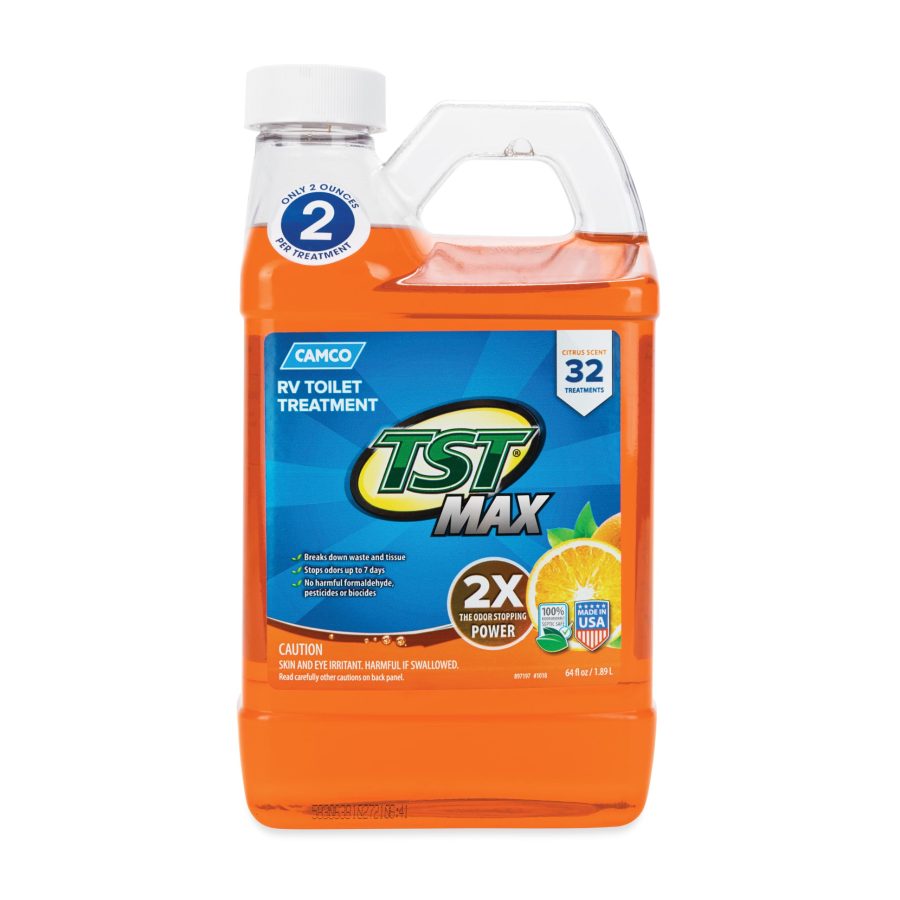 CAMCO 41195 Waste Holding Tank Treatment; TST; Chemical Treatment Used To Break Down Waste and Tissue; Without Formaldehyde; With Deodorant; Orange Scent; Lubricates Sensors; Treats 40 Gallon Holding Tank; 64 Ounce Bottle; Single