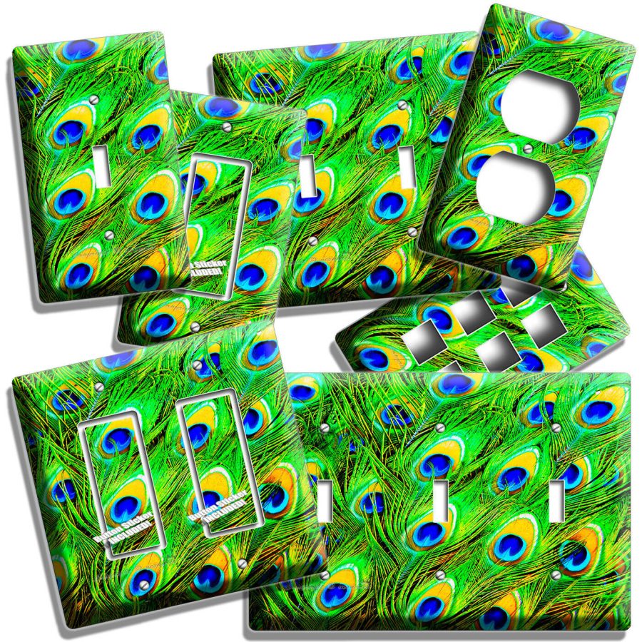 COLORFUL PEACOCK FEATHERS LIGHT SWITCH OUTLET WALL PLATES BEDROOM ROOM ART DECOR