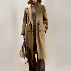 Cashmere And Wool Coat For Woman Camel Turndown Collar Long Sleeves Elegant Belted Long Coat