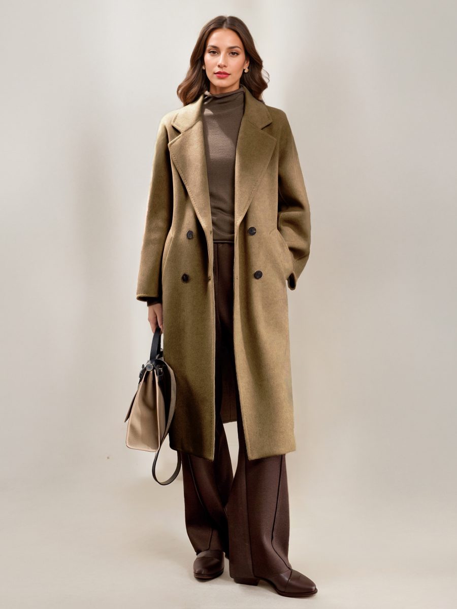 Cashmere And Wool Coat For Woman Camel Turndown Collar Long Sleeves Elegant Belted Long Coat