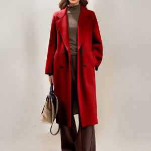 Cashmere And Wool Coat For Woman Camel Turndown Collar Long Sleeves Elegant Belted Long Coat