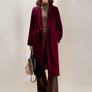 Cashmere And Wool Coat For Woman Camel Turndown Collar Long Sleeves Elegant Belted Long Coat