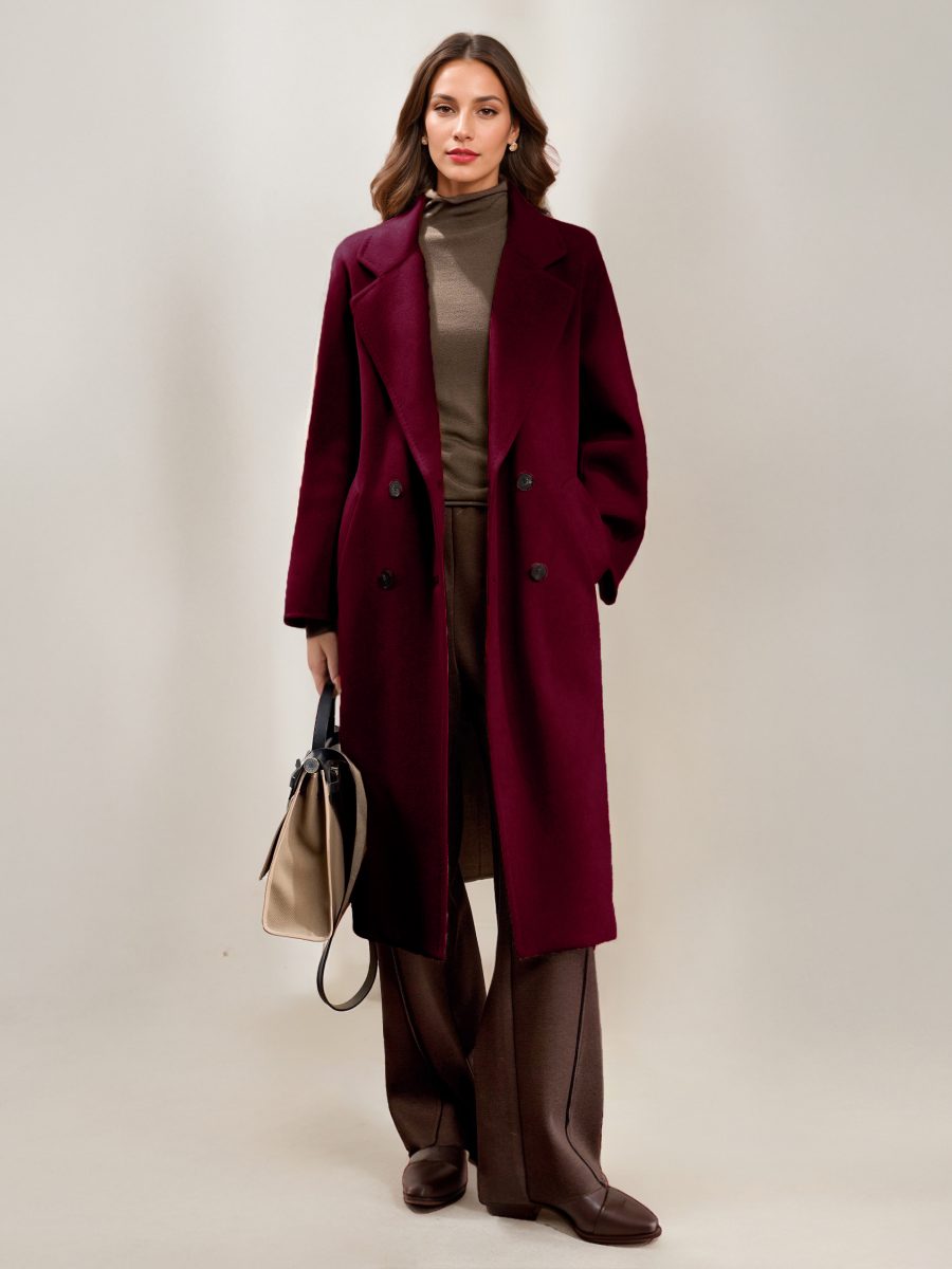 Cashmere And Wool Coat For Woman Camel Turndown Collar Long Sleeves Elegant Belted Long Coat