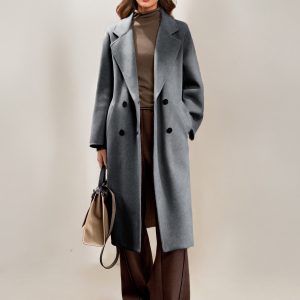 Cashmere And Wool Coat For Woman Camel Turndown Collar Long Sleeves Elegant Belted Long Coat