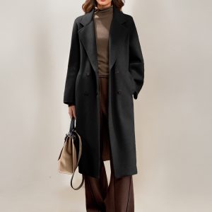 Cashmere And Wool Coat For Woman Camel Turndown Collar Long Sleeves Elegant Belted Long Coat