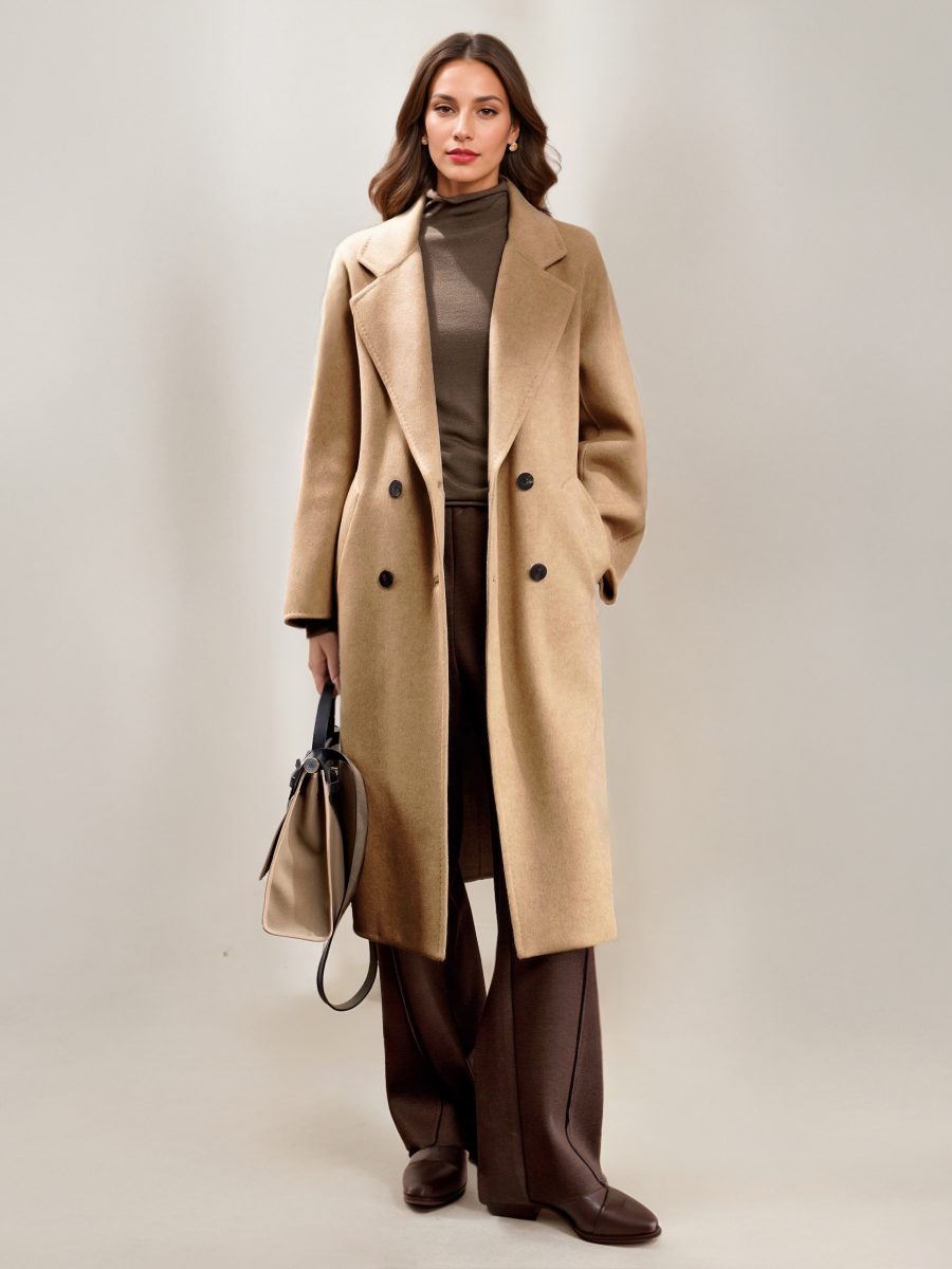 Cashmere And Wool Coat For Woman Camel Turndown Collar Long Sleeves Elegant Belted Long Coat