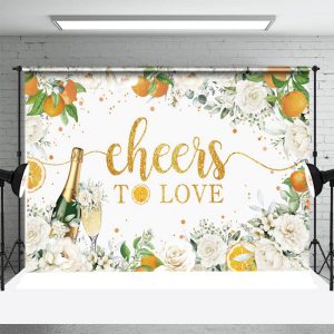 Cheers To Love Orange Floral Leaves Wedding Backdrop - Aperturee