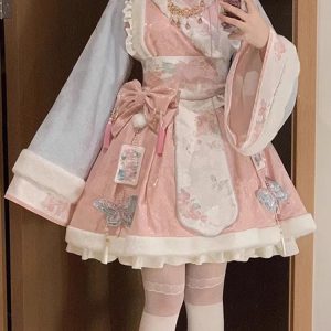 Chinese Style Lolita Dress Ruffles Long Sleeves Polyester Chinese Style Floral Print Pink Chinese Style Lolita