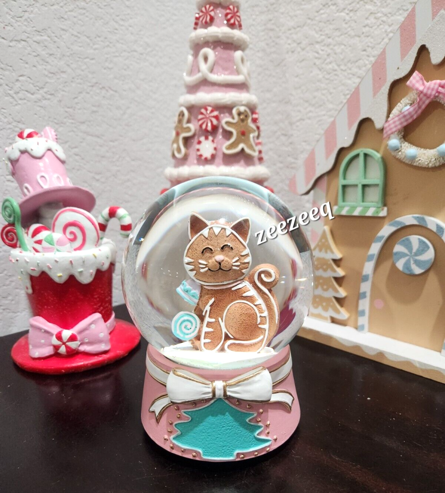 Christmas Gingerbread Pink Cat MUSICAL Snowglobe Snow Globe Figurine Decor NEW