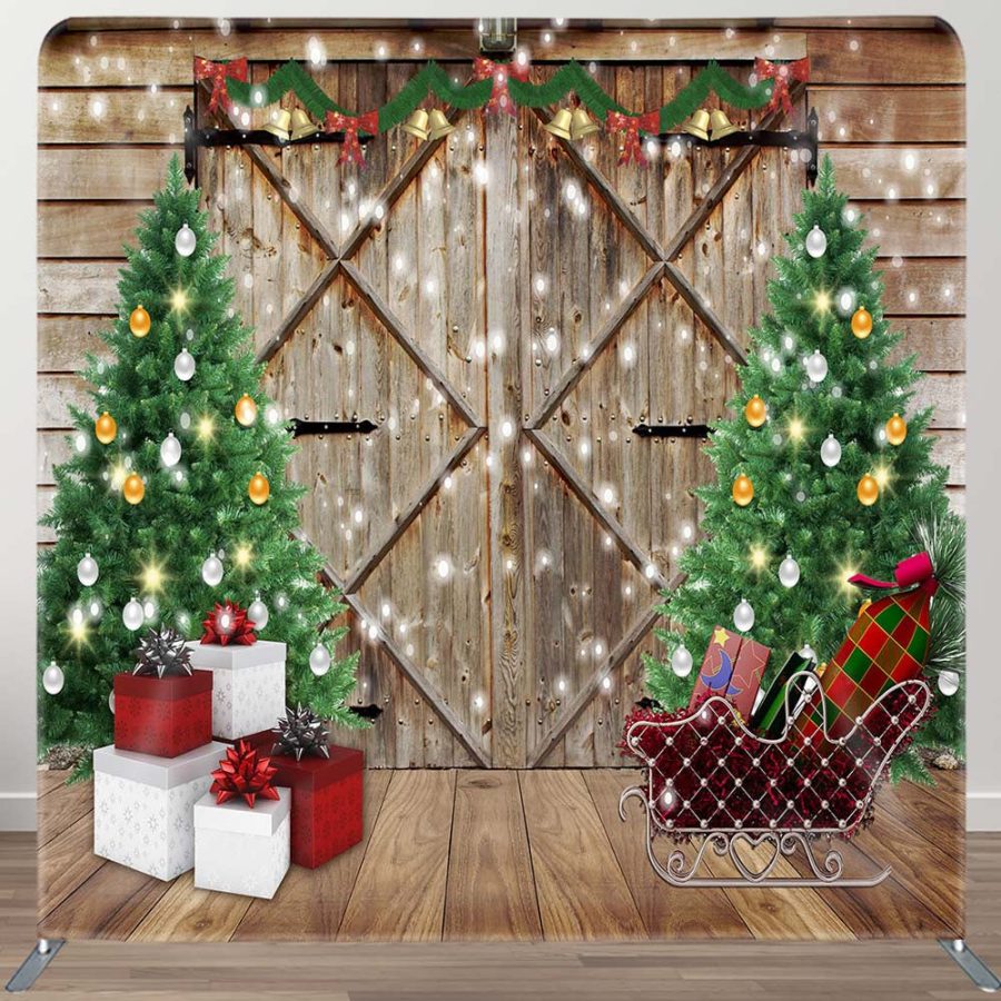 Christmas Tree Wooden Door Gift Tension Fabric Backdrop - Aperturee