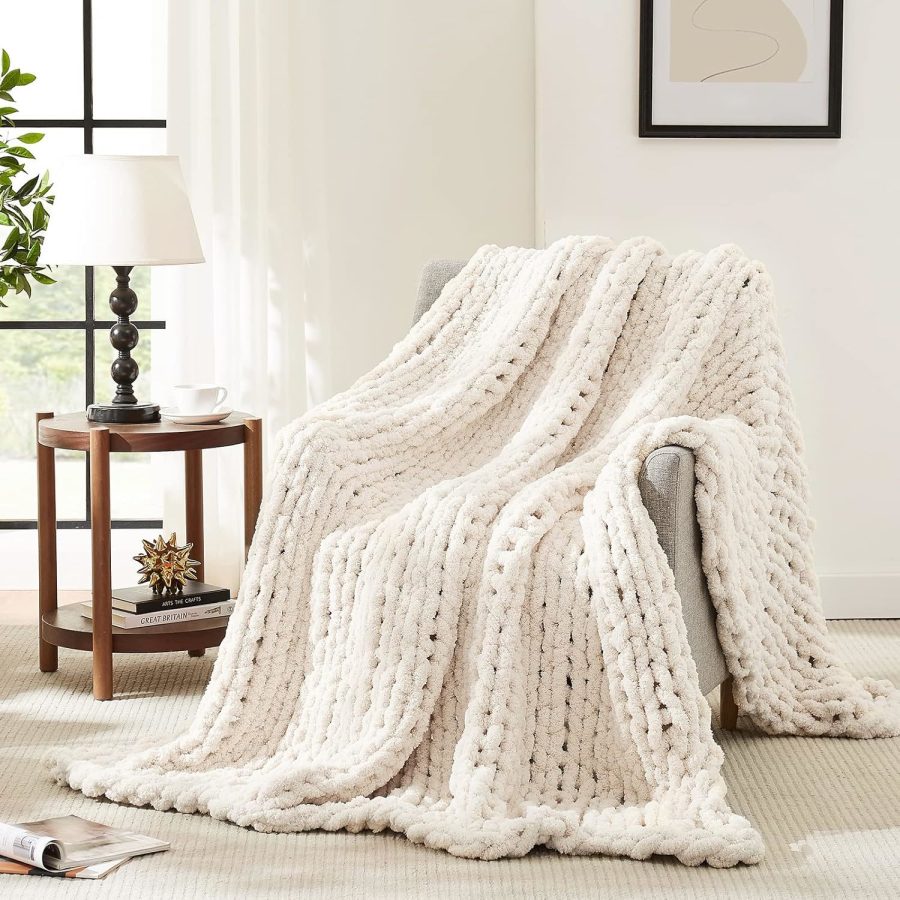 Chunky Knit Blanket Throw,Soft Chenille Yarn Throw Blanket 40X50,Handmade Thick