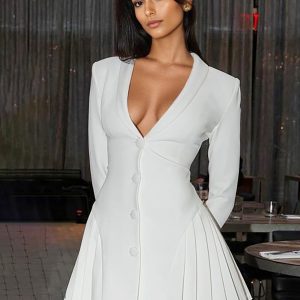 Club Dress For Women V-Neck Sexy Long Sleeves Polyester White Sexy Dress