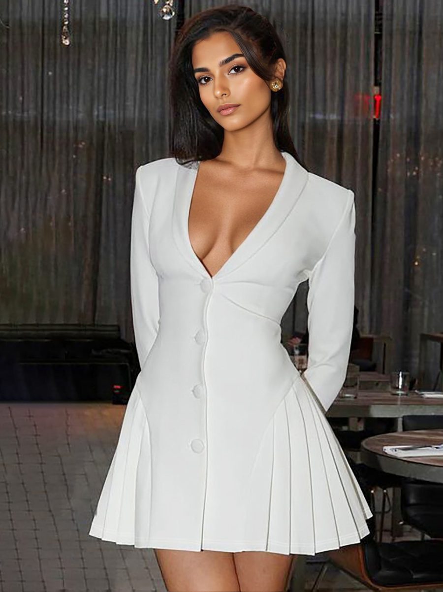 Club Dress For Women V-Neck Sexy Long Sleeves Polyester White Sexy Dress