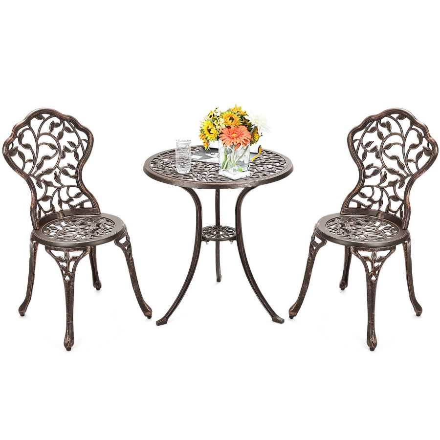 Costway 3Pcs Patio Bistro Furniture Set Cast Aluminum Leaf Design Antique Bronze