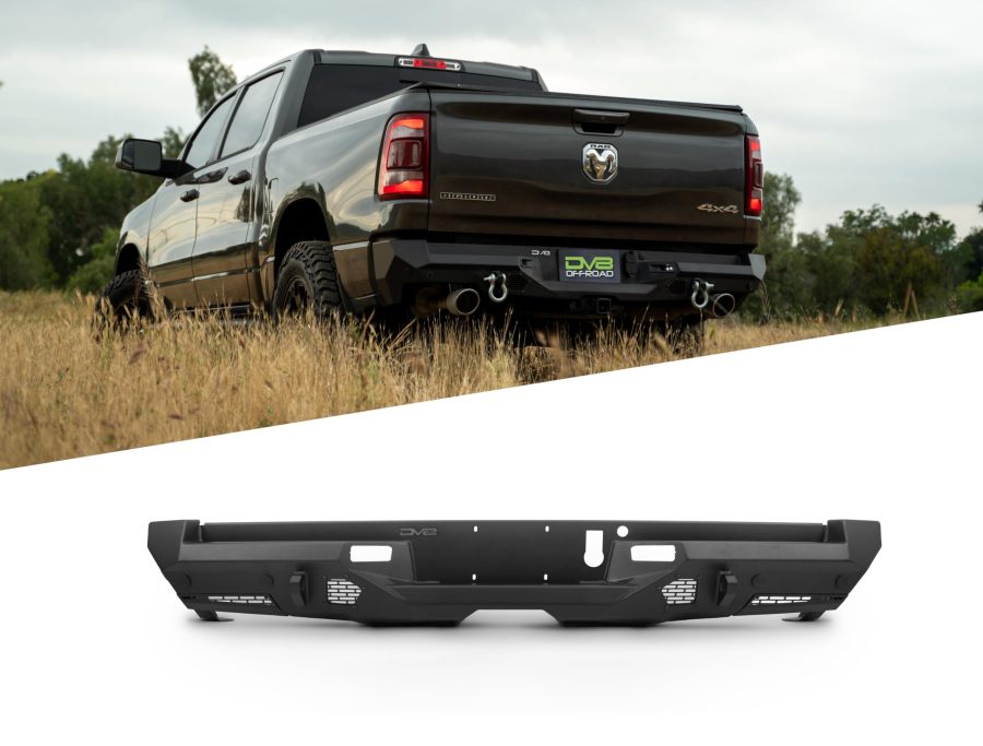 DV8 RBDR1-03 Spec Series Rear Bumper Compatible with 2019-2024 Ram 1500 Single and Dual Exhaust Models | Mount two 3 INCH Pod Lights | Recovery Points | Fully Bolt-On | Micro-Texture Black Powder Coat Finish