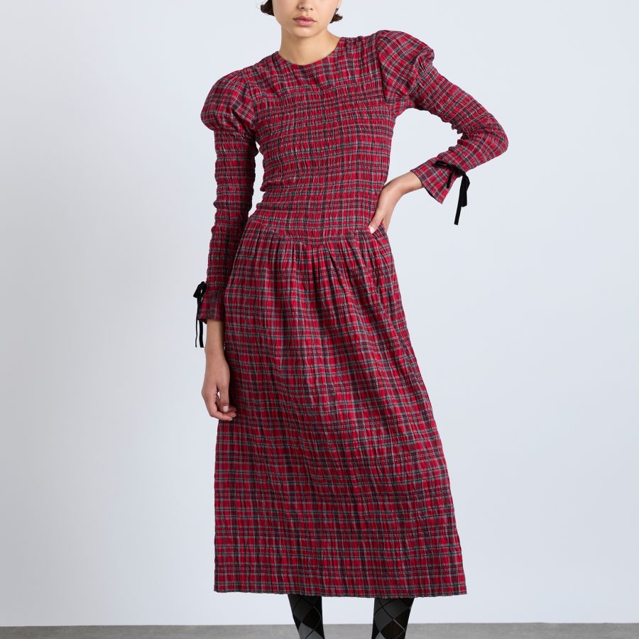 Damson Madder Women's Alice Shirred Midi Dress - Red Check - UK 8