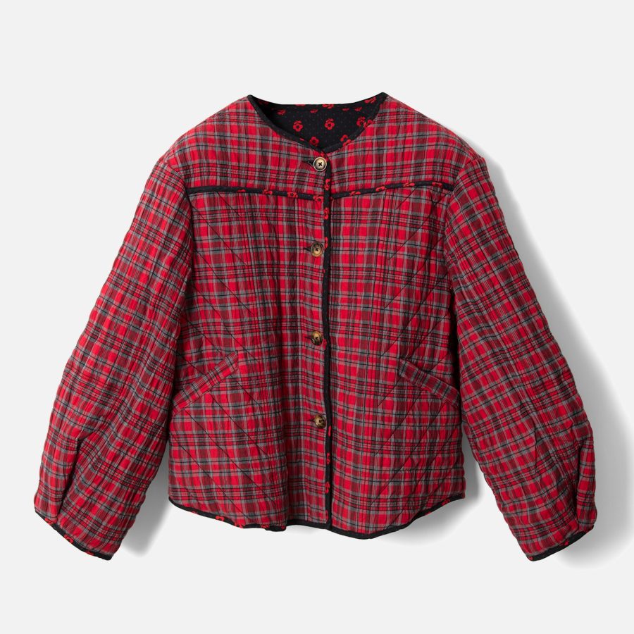 Damson Madder Women's Macy Quilted Reversible Jacket - Red Check - UK 16