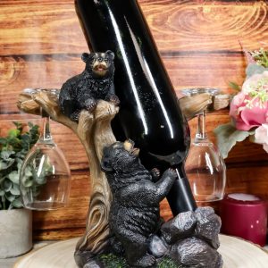 Ebros 10"H Climbing Black Bear Liquor Wine Glasses and Bottle Holder Figurine