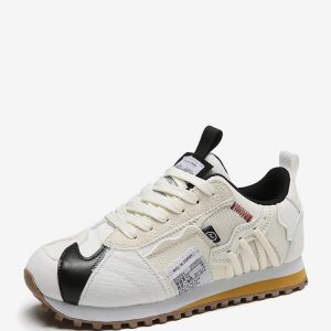 Ecru White Sport Sneakers Round Toe Lace Up Casual Shoes