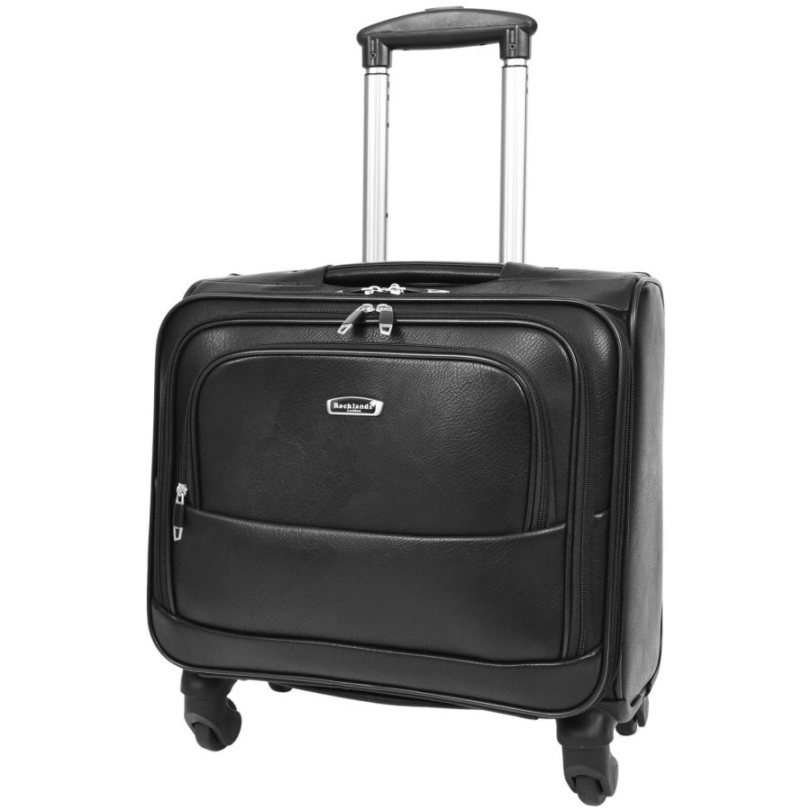 Executive Flight Leather Bag Four Wheels Cabin Laptop Trolley Case Black DR636