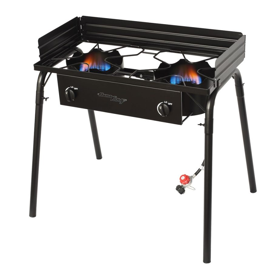 FLAME KING YSN-DB60K 60K BTU DOUBLE BURNER STOVE, Camp Stove; 35 Inch Width x 31 Inch Height x 16 Inch Depth; Match Light Ignition; 30000 BTU Burners; 2 Burner; Removable/ Adjustable Legs For Storage/ Portability