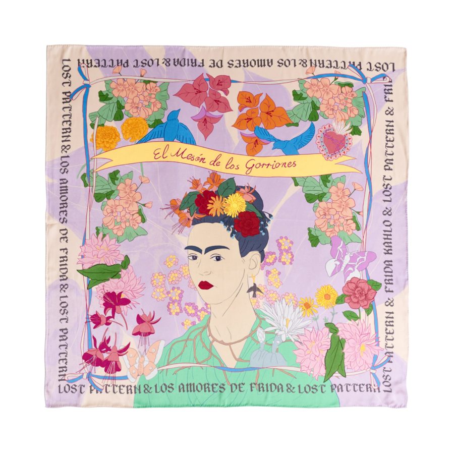 FRIDA x LOST PATTERN "Los Amores de Frida" Large Silk Scarf - Pink & Purple