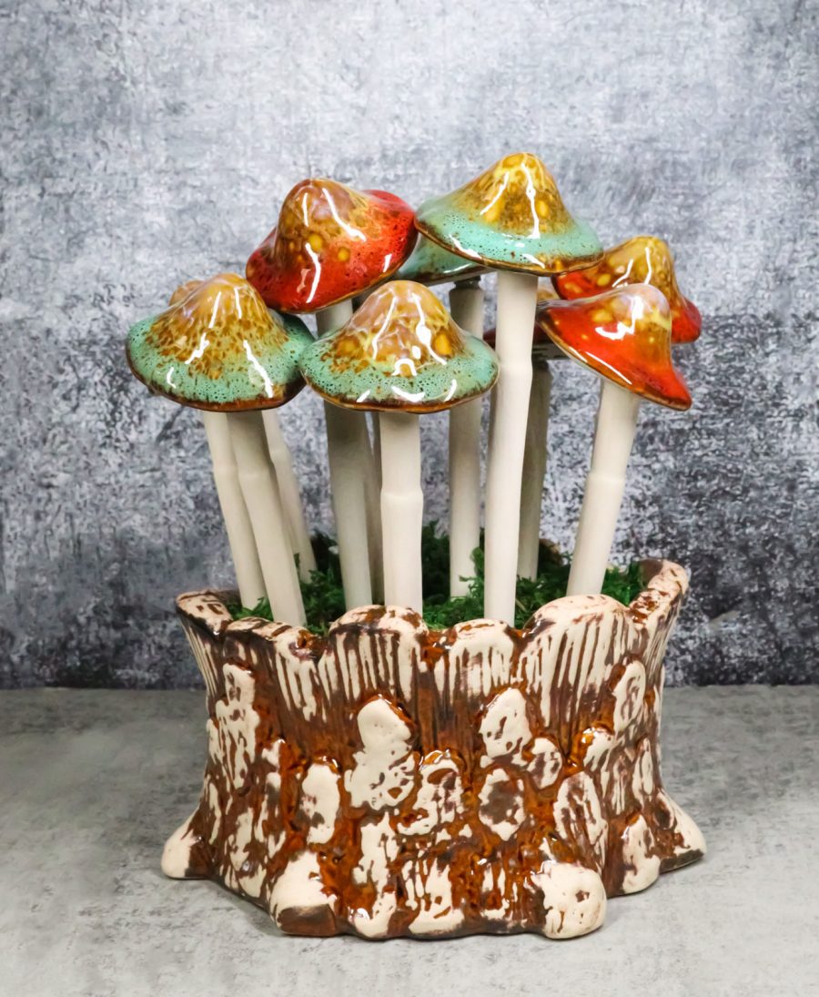 Fairy Garden Colorful 12 Piece Ceramic Mushroom Picks With Planter Holder Set