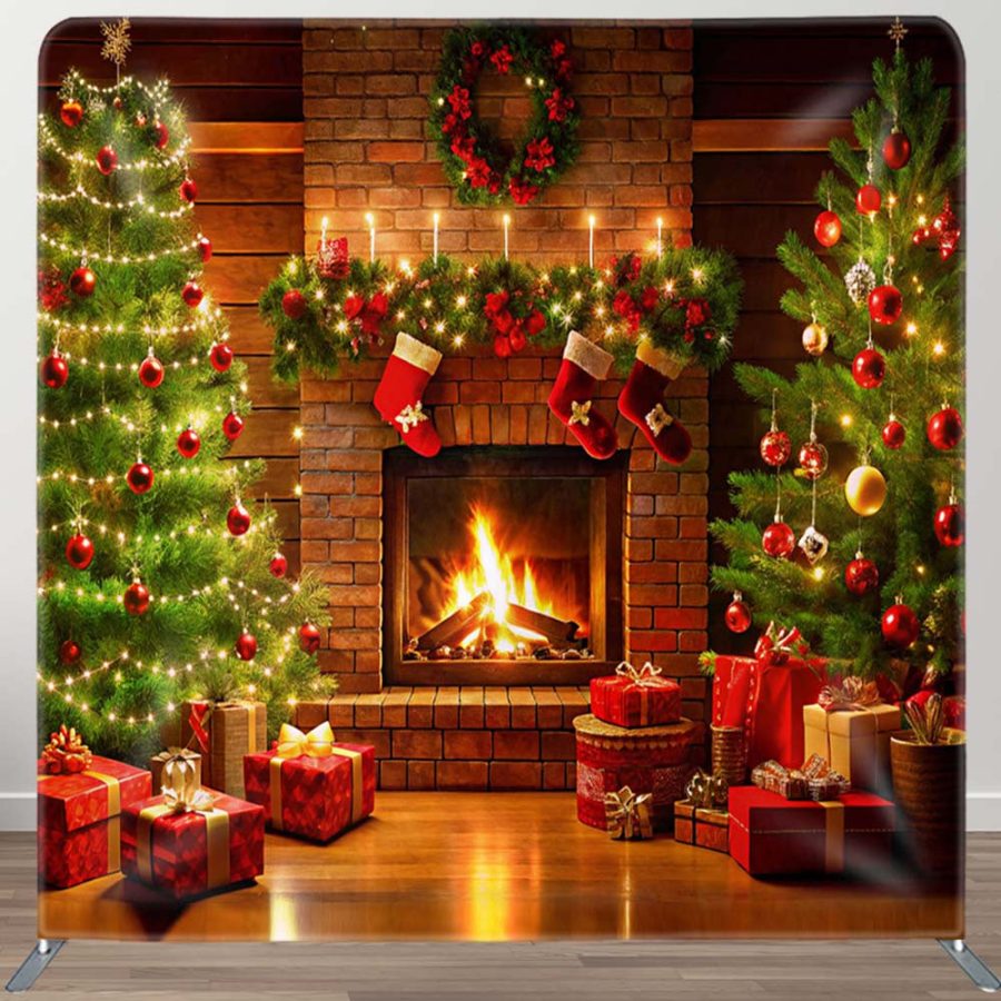 Fireplace Sock Trees Gifts Fabric Christmas Backdrop - Aperturee